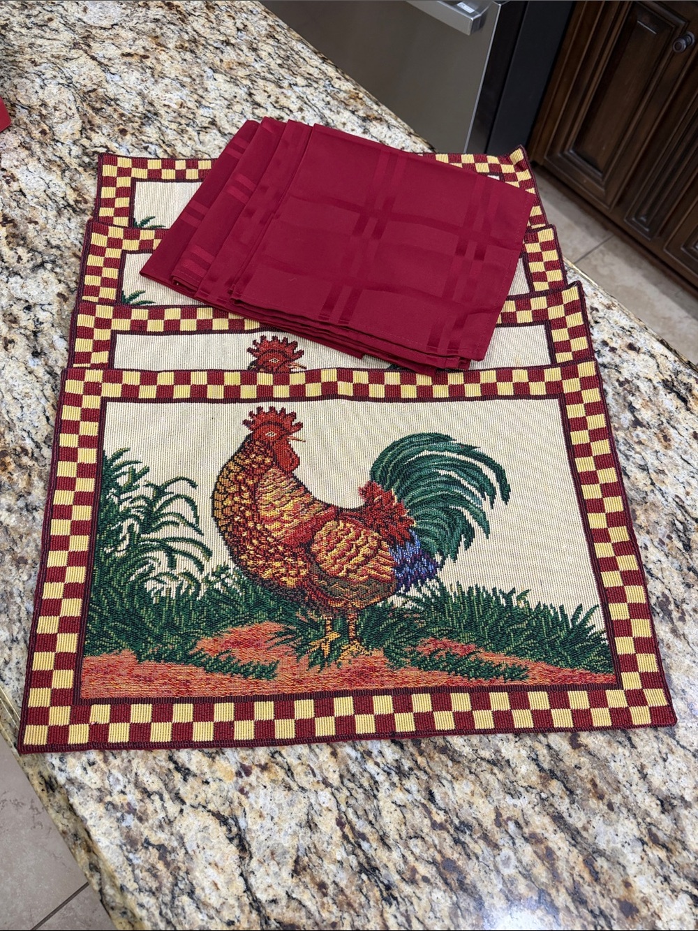 Set of 4 Rooster Tapestry Rectangular Placemats & Set of 4 Cloth Napkins